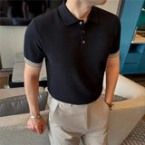 Wiaofellas  -  High Quality Striped Knitted Polo Shirt for Men Summer Short Sleeve Ice Silk Cool T-shirt Casual Business Sports Golf Tee Tops