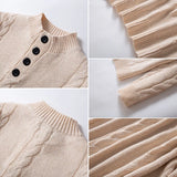 Wiaofellas  -  Casual Buttoned Stand Collar Sweaters Mens Autumn Fashion Solid Color Slim Knitted Jumpers Men Leisure Long Sleeve Sweater Tops