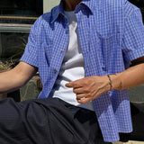 Wiaofellas  -  Men Plaid Shirt Lapel Short Sleeve Loose Casual Men Clothing Summer Korean Style Pockets Fashion Leisure Male Tops
