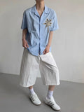 Wiaofellas  -  Men's White Short Sleeve Shirt Coconut Tree Embroidery Casual Summer Top