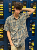 Wiaofellas  -  Blue Plaid Short Sleeve Shirt Men's Summer Cleanfit Half Sleeve Top Cool Handsome Five Sleeve Shirt Loose Fit Moisture Wicking