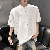 WIAOFELLAS  -  Shoulder Padded Men's Tees Handmade Pearl Design Simple Solid Color Tops Summer Short Sleeved Loose Male T-shirts