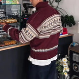 Wiaofellas  -  Fall Winter New Casual Men's Knit Jumpers Vintage Pattern Print Knitting Sweater Tops Men Fashionable Lapel Zipper Sweater