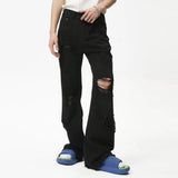 Wiaofellas  -  Men's Ripped Jeans High Street Hole Light Color Boot-cut Trousers Loose Washed Male Denim Pants Summer New