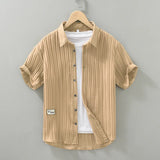 Wiaofellas  -  Summer New Men's Short Sleeve Shirt Small Stand Collar Retro Casual Loose Half Sleeve Shirt Trendy Polyester Fiber Iron Free