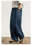 Wiaofellas  -  Large Size Men's Casual Wide Leg Jeans Loose Fit Workwear Trousers Washed Denim Straight Tube Zipper Fastening Non-Elastic