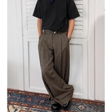 Wiaofellas  -  Casual Men's Brown Straight Leg Wide Leg Pants Spring Autumn Loose Fit Pleated Design American Sle Long Trousers
