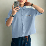 Wiaofellas  -  Men's Shirt Solid Color Streetwear Lapel Short Sleeve Tops Summer Men Clothes Loose Korean Style Fashion Shirts For Man