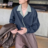 WIAOFELLAS  -  Men Shirt Striped Patchwork Lapel Long Sleeve Loose Men Clothing Streetwear Korean Style Fashion Casual Shirts Men S-5XL