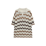 WIAOFELLAS  -  Fashion Men's Hollow Out Contrast Color Striped Casual T-shirt Trendy Loose Short Sleeves Lapel Tops Male Summer