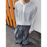 Wiaofellas  -  American Henley Collar Striped Long-sleeved T-shirt for Men Autumn Lazy Style Sweatshirt