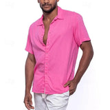 Wiaofellas  -  Solid Color Pink Shirts For Men Summer Fashion Loose Cotton Linen Shirt Mens Clothes Casual Button-up Lapel Short-sleeved Tops