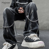 WIAOFELLAS  -  Chain Wide Leg Jeans Men Bleached Punk Style Hip Hop High Street Teenagers Mid Waist Fashion Leisure Washed Spring Autumn Retro