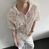 WIAOFELLAS  -  Trendy Men's Lace Hollow Out Heavy Industy Design Shirts Fashion Short Sleeves Hooded Loose Tops Male Summer