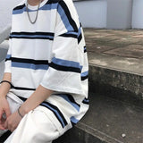 Wiaofellas  -  Vintage Simplicity Striped Tops Tees Summer New Men's Short Sleeve Loose All-match Casual T Shirts Trend Korean Men Clothing