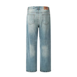 WIAOFELLAS  -  Men Retro Loose Wide-leg Floor-dragging Long Trousers of Contrast-color Sprayed Monkey-washed Jeans with Holes and Straight Legs