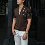 Wiaofellas  -  Summer Embroidered V-neck T-shirt for Men Cotton Short Sleeved Casual T-shirt Relaxed Beach Vacation T-shirts Men Clothing