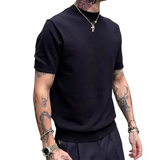 WIAOFELLAS  -  Casual Solid Color Mock Neck T Shirts Men Knitted Short Sleeve Slim Fit Pullover Top Men Spring Summer Stylish Knit T-shirt