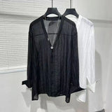 Wiaofellas  -  Lace Men's Shirts Spring Summer Long Sleeve V-neck Hollow Tops Fashion Casual Loose High Quality Shirt Oversize Men Clothing
