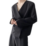 Wiaofellas  -  Personality Spring Men's Collarless Short Suit Coat New Simple Trend Black Oversized Asymmetric Breasted Clothes Y2242