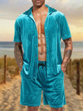 Wiaofellas  -  Fashion Shiny Velvet Two Piece Suits Mens Casual Solid Color Short Sleeve Lapel Shirt And Shorts Outfits Men Vintage Beach Suits