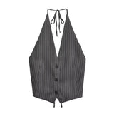 Wiaofellas  -  New Women Sexy Backless Bow Tied Striped Print Short Blouse Female Chic Sleeveless Breasted Vest Shirt Blusas Tops