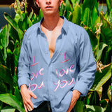 Wiaofellas  -  New I love you printing Shirt Sexy Thin Clothing Summer Men Long Sleeve Chemise Tops Homme Casual Men Shirt M-3XL Black/Yellow