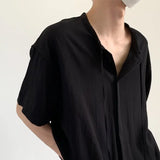 WIAOFELLAS  -  Shirts for Men Summer New High-end Advanced Designed Loose Niche Japanese Retro Style Solid Collarless Short-sleeved Shirt