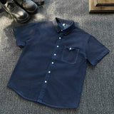 Wiaofellas  -  Summer Vintage Japanese Style Pocket Splicing Denim Short Sleeve Loose Washed Five Sleeve Workwear Shirt Trendy Unisex Casual