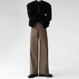 WIAOFELLAS  -  Korean Elegant Pants Fake Pocket Decoration Wide-leg Pants Autumn New American Style Design Sense Spliced Straight Suit Trousers