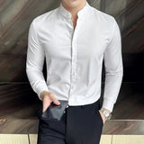 WIAOFELLAS  -  Luxury Long Sleeved Striped Men's Dress Shirt Stylish Business Stand Collar Slim Men Shirts Party Social Formal Mens Clothing