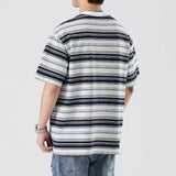 Wiaofellas  -  Summer short sleeve new Japanese round neck casual double yarn striped short sleeve men loose T-shirt