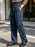 Wiaofellas  -  SS Men's Neapolitan Tailored Trousers, Denim‑Look Woven Double Pleat Paris Buckle High‑rise Straight‑Leg Business Casual Pa