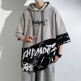 Wiaofellas  -  Summer Men's Pullovers New Fashion Hong Kong Style Hooded Cotton Half Sleeve Drawstring Letter Contrasting Colors Tops