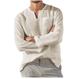 Wiaofellas  -  Men's Linen Shirt Solid Color Long Sleeve Breathable Tops V Neck Casual Blouse Hawaiian Shirt Loose Lightweight Shirts