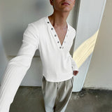 WIAOFELLAS  -  Men T Shirt Solid Color V Neck Long Sleeve Knitted Male Tee Tops Streetwear Fashion Casual Men Clothing Camisetas S-3XL