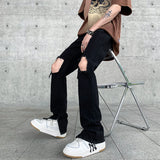 WIAOFELLAS  -  Men's Clothing Solid Color Button Zipper Pockets Hole Distressed Casual Spring Autumn Jeans Trousers Cargo Boot Cut Pants