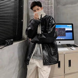 WIAOFELLAS  -  Black Leather Jacket Men Winter Vintage Stand Collar Lamb Wool Cotton Coat Male Korean Loose Zipper Pocket Thick Outerwear