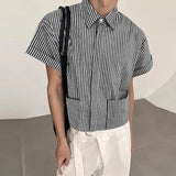 WIAOFELLAS  -  Men Striped Shirt Lapel Short Sleeve Pockets Men Clothing Streetwear Loose Button Korean Style Fashion Casual Male Tops