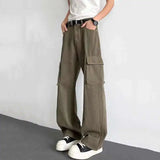 WIAOFELLAS  -  Men's Cargo Trousers Solid Color High Street Side Big Pockets Casual Wide Leg Casual Bottom Straight Baggy Menswear