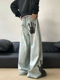 WIAOFELLAS  -  Men's Palm Print Design Wide Leg Unisex Jeans Cool Girl Fashion Bottoms Denim Trousers Male High Waist Regular Pants Baggy Jeans