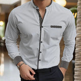 Wiaofellas  -  Men's Mandarin Collar Long Sleeve Shirt Slim Fit Casual Business Shirt With Striped Cuffs and Pocket Detail