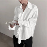 WIAOFELLAS  -  Men Shirt Solid Pleated Ruffle Lapel Long Sleeve Men Clothing Streetwear Loose Fashion Casual Tops Male Shirts S-5XL