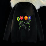 WIAOFELLAS  -  Harajuku Oversized Knitted Sweater Men Floral Embroidery Jumpers Japanese Fashion O-Neck Streetwear Couple Unisex Knitwear E173