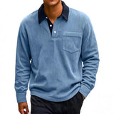 WIAOFELLAS  -  Spring Autumn Men's Luxury Corduroy Polo Shirts Casual Streetwear Button Long Sleeve Clothing Splicing Color Vintage Tees Shirts