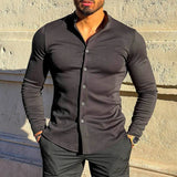 WIAOFELLAS  -  Vintage Mens Black Shirt Tops Slim Fit Long Sleeve Button-up Turn-down Collar Casual Shirts Men Spring Stylish Solid Color Shirt