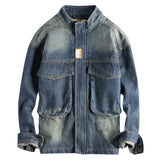 Wiaofellas  -  Spring and Autumn men casual retro loose nostalgia blue big pocket standing collar denim jacket zipper jacket