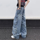 WIAOFELLAS  -  New Summer Men's Cargo Jeans Solid Color Large Multi Pockets Streetwear Straight Wide Leg Male Denin Pants Stylish