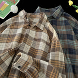 WIAOFELLAS  -  Korean Street Plaid Shirt Coat Men's Long Sleeve Turn Down Collar Casual Shirts Vintage College Style Unisex Fashion Clothing
