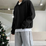 WIAOFELLAS  -  Men Hoodies Solid Color Lapel Long Sleeve Loose Men Pullover Streetwear Korean Style Fashion Casual Tops Male Sweatshirt